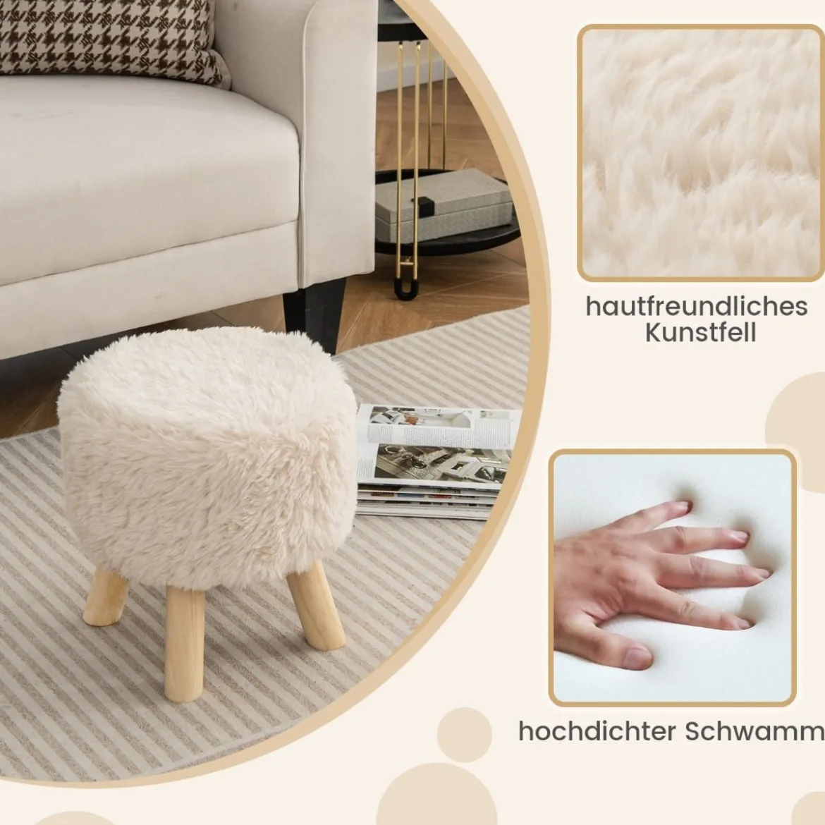 Runder Fußhocker Schminkhocker Ottomane mit Kunstpelzbezug und gepolstertem Sitz 34,5 x 35,5 cm Weiß