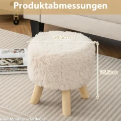 Runder Fußhocker Schminkhocker Ottomane mit Kunstpelzbezug und gepolstertem Sitz 34,5 x 35,5 cm Weiß