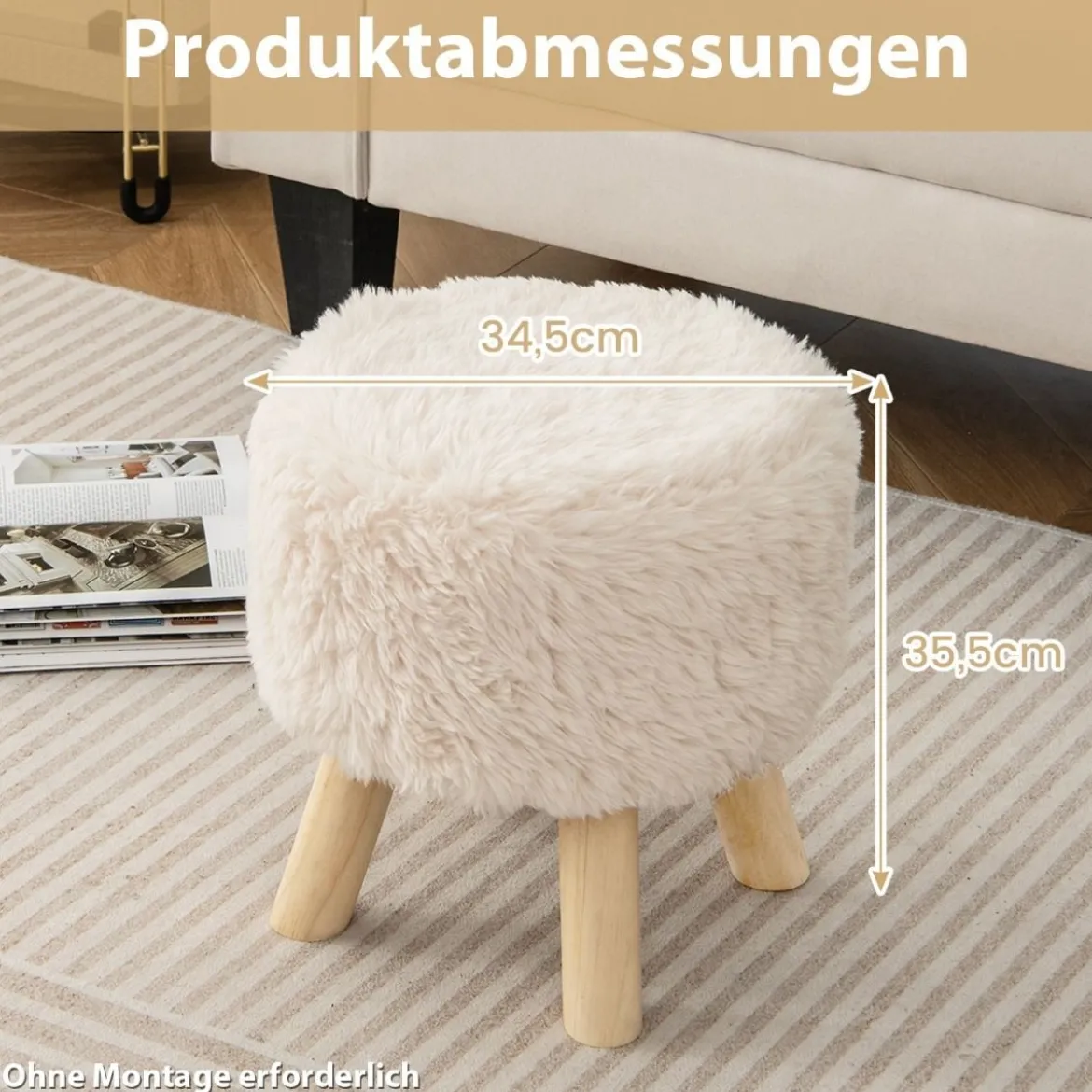 Runder Fußhocker Schminkhocker Ottomane mit Kunstpelzbezug und gepolstertem Sitz 34,5 x 35,5 cm Weiß