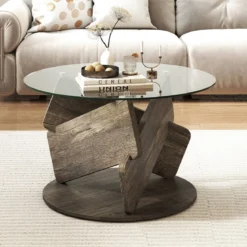 Runder Glastisch mit Gehärtetem Glastop & Massivholzrahmen Moderner Couchtisch φ 81cm