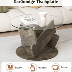 Runder Glastisch mit Gehärtetem Glastop & Massivholzrahmen Moderner Couchtisch φ 81cm
