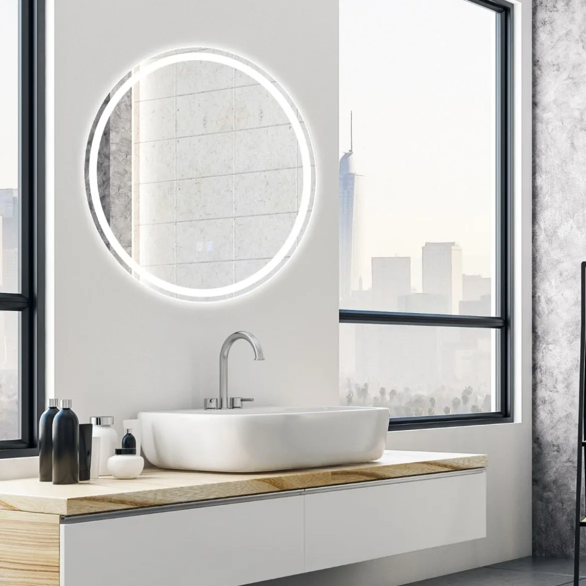 Runder LED-Spiegel Badezimmerspiegel zur Wandmontage 3000 K-6000 K Ø 60 cm