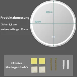 Runder LED-Spiegel Badezimmerspiegel zur Wandmontage 3000 K-6000 K Ø 60 cm