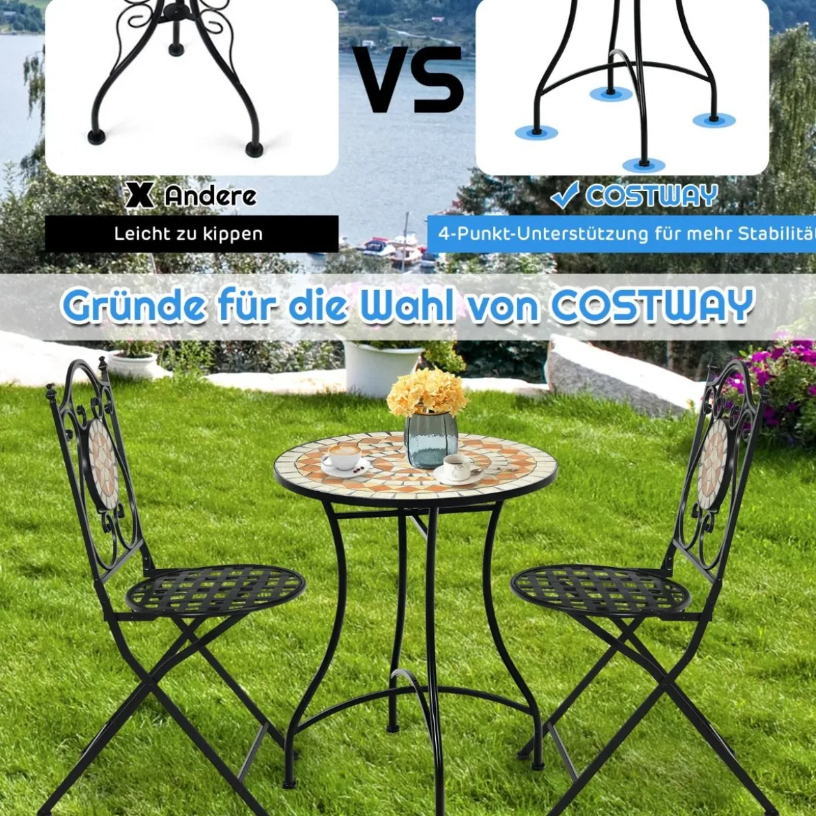 Runder Mosaiktisch Retro Mosaik Beistelltisch für Garten 60 x 60x 72 cm Schwarz + Gelb