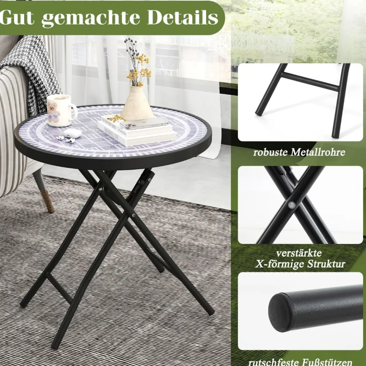 Runder Patio-Couchtisch mit Gehärteter Glasplatte & Metallrahmen Klappbarer Beistelltisch