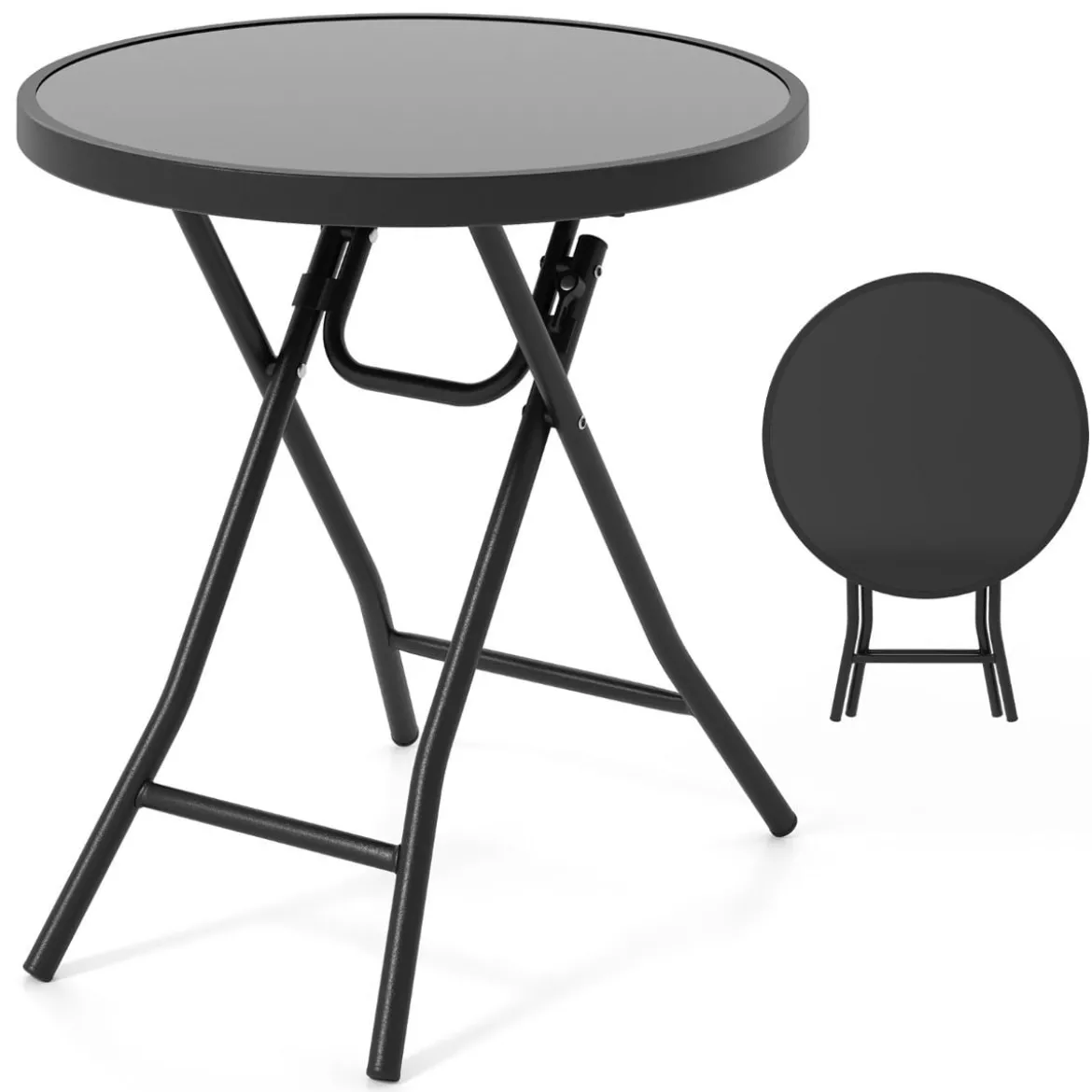 Runder Patio-Couchtisch mit Gehärteter Glasplatte & Metallrahmen Klappbarer Beistelltisch
