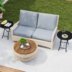 Runder Patio-Couchtisch mit Gehärteter Glasplatte & Metallrahmen Klappbarer Beistelltisch