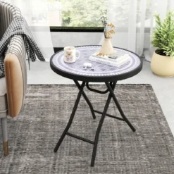 Runder Patio-Couchtisch mit Gehärteter Glasplatte & Metallrahmen Klappbarer Beistelltisch