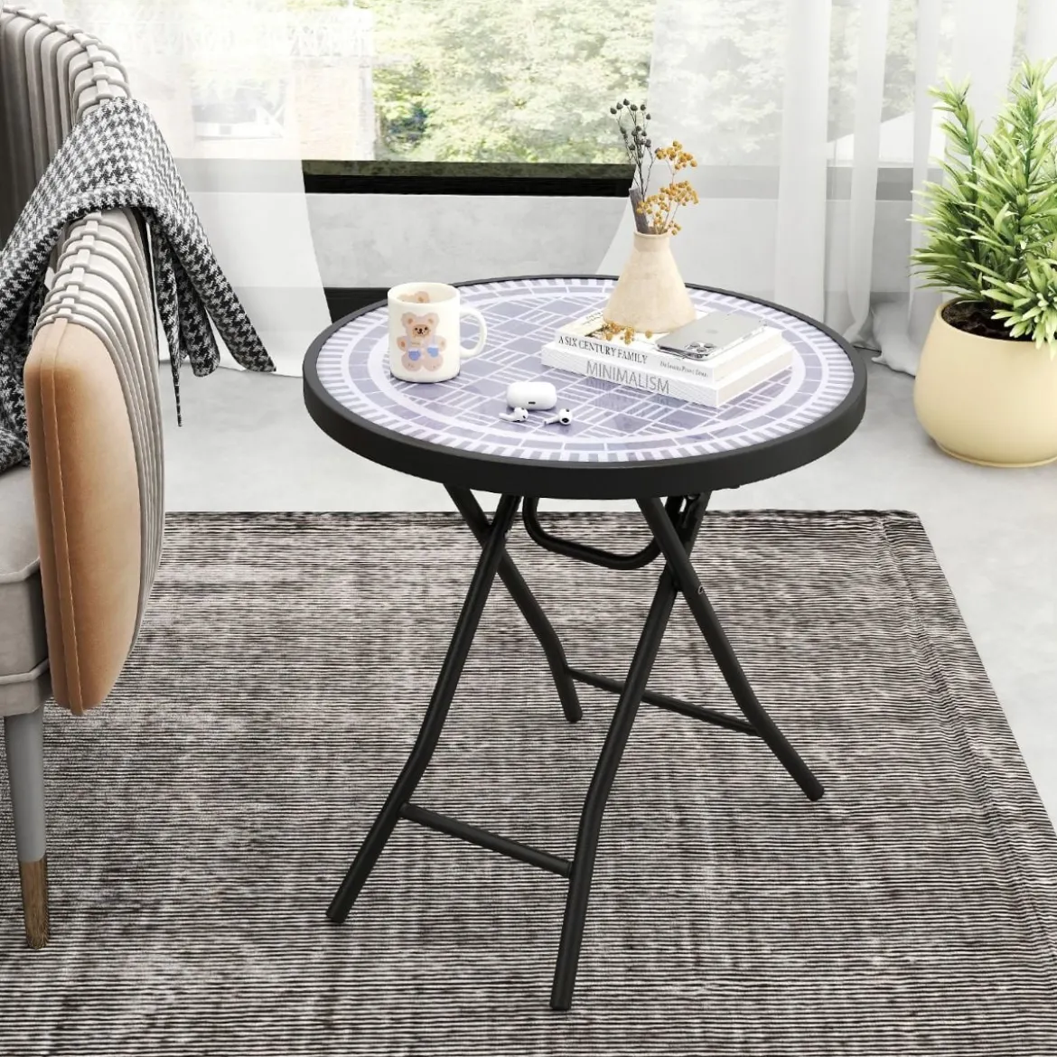 Runder Patio-Couchtisch mit Gehärteter Glasplatte & Metallrahmen Klappbarer Beistelltisch