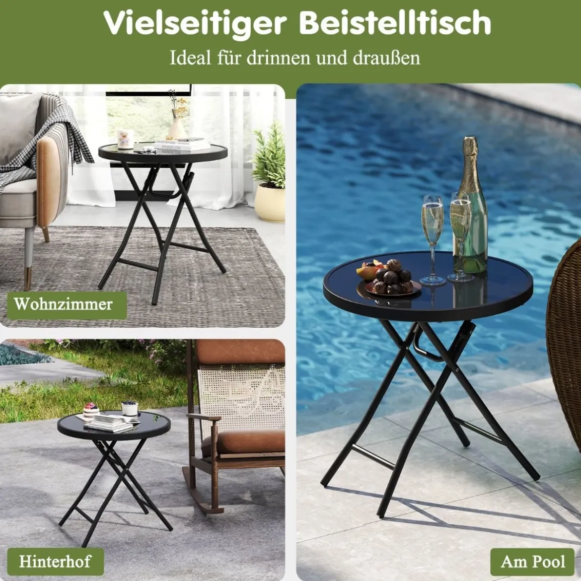 Runder Patio-Couchtisch mit Gehärteter Glasplatte & Metallrahmen Klappbarer Beistelltisch