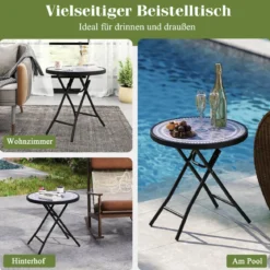 Runder Patio-Couchtisch mit Gehärteter Glasplatte & Metallrahmen Klappbarer Beistelltisch