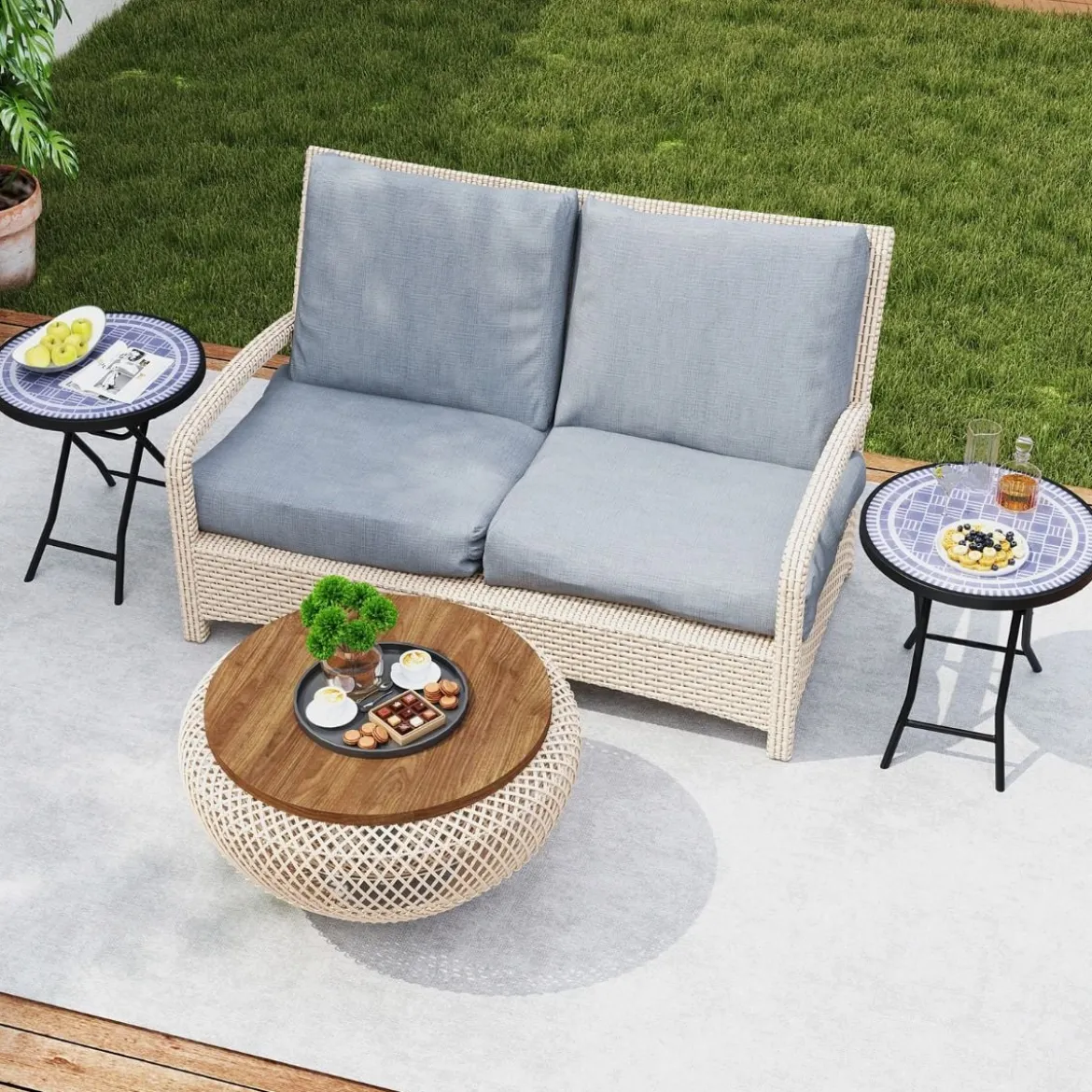 Runder Patio-Couchtisch mit Gehärteter Glasplatte & Metallrahmen Klappbarer Beistelltisch