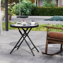 Runder Patio-Couchtisch mit Gehärteter Glasplatte & Metallrahmen Klappbarer Beistelltisch
