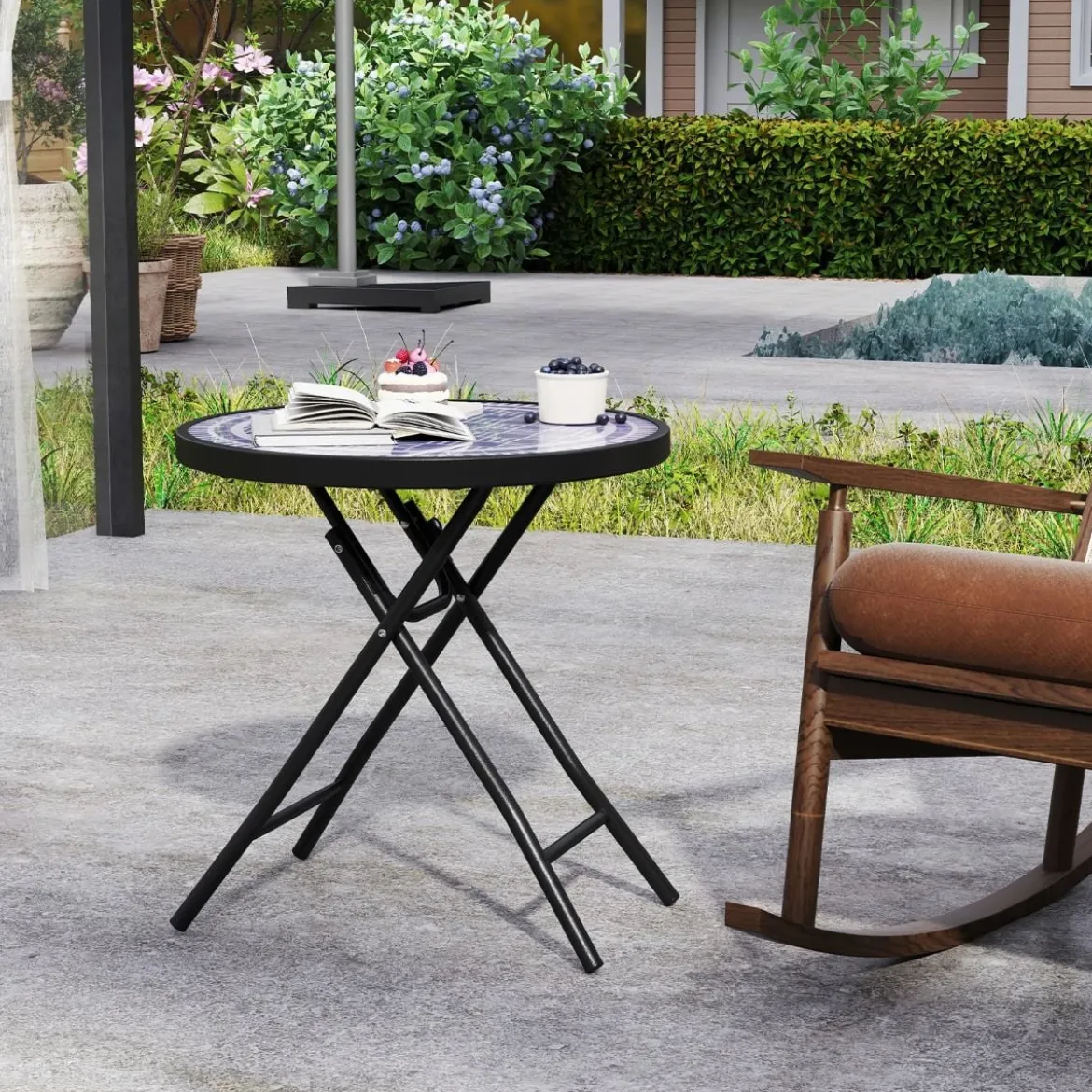 Runder Patio-Couchtisch mit Gehärteter Glasplatte & Metallrahmen Klappbarer Beistelltisch