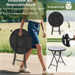 Runder Patio-Couchtisch mit Gehärteter Glasplatte & Metallrahmen Klappbarer Beistelltisch
