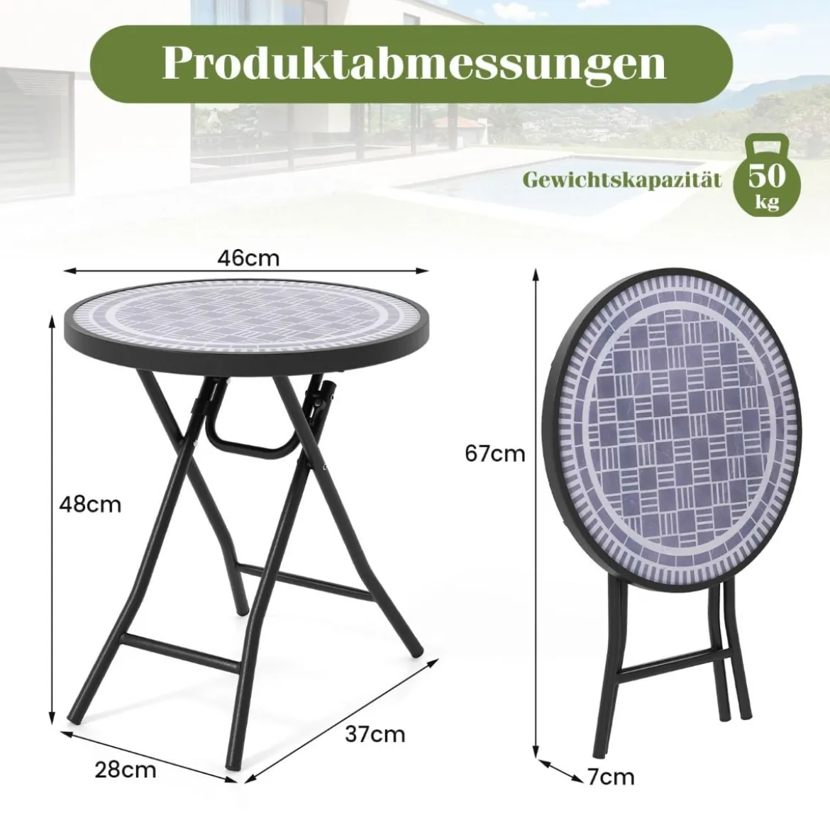 Runder Patio-Couchtisch mit Gehärteter Glasplatte & Metallrahmen Klappbarer Beistelltisch