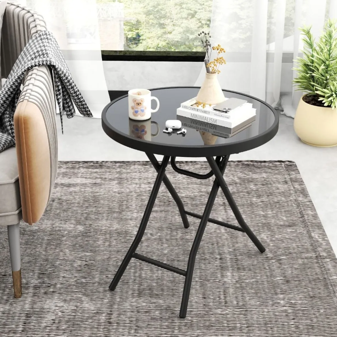 Runder Patio-Couchtisch mit Gehärteter Glasplatte & Metallrahmen Klappbarer Beistelltisch