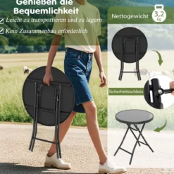 Runder Patio-Couchtisch mit Gehärteter Glasplatte & Metallrahmen Klappbarer Beistelltisch