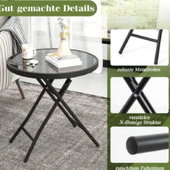 Runder Patio-Couchtisch mit Gehärteter Glasplatte & Metallrahmen Klappbarer Beistelltisch