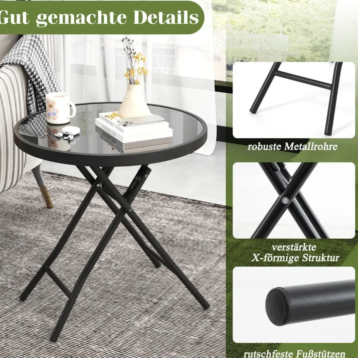 Runder Patio-Couchtisch mit Gehärteter Glasplatte & Metallrahmen Klappbarer Beistelltisch