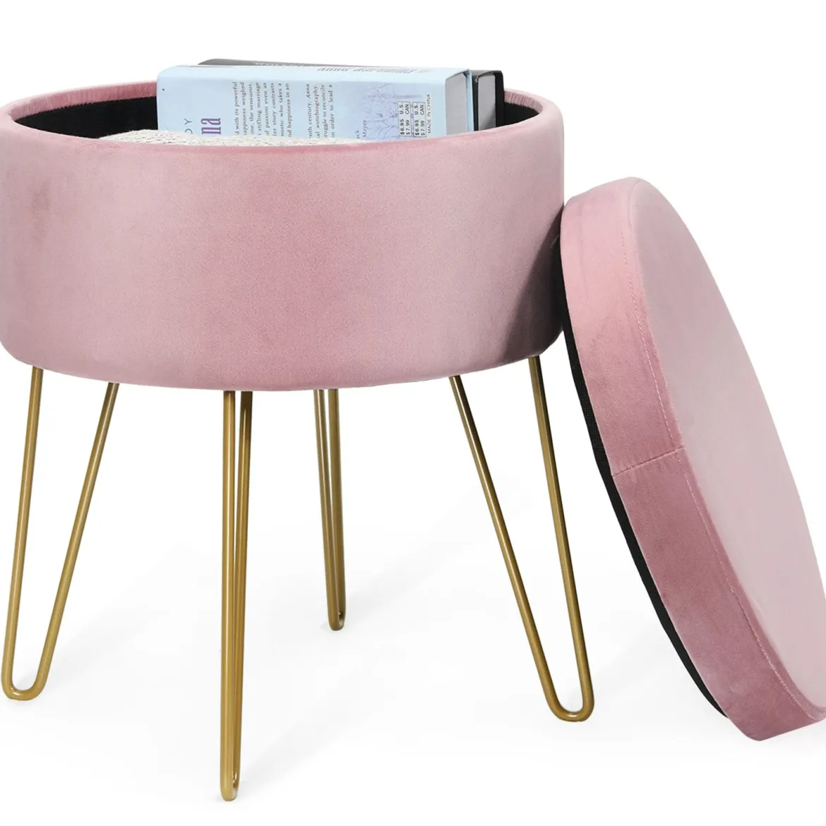 Runder Polsterhocker Stuhl Samt Aufbewahrungs- Fußhocker 38 x 38 x 46,5 cm Rosa