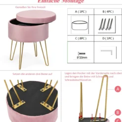 Runder Polsterhocker Stuhl Samt Aufbewahrungs- Fußhocker 38 x 38 x 46,5 cm Rosa