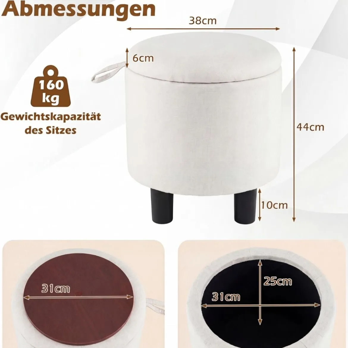 Runder Sitzhocker aus Leinen Ø38 cm gepolsterter Fußhocker mit Stauraum Beige