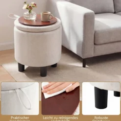 Runder Sitzhocker aus Leinen Ø38 cm gepolsterter Fußhocker mit Stauraum Beige