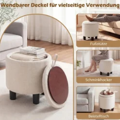 Runder Sitzhocker aus Leinen Ø38 cm gepolsterter Fußhocker mit Stauraum Beige