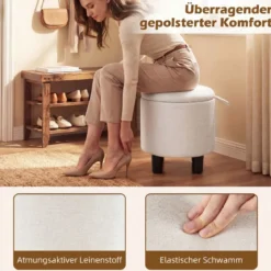 Runder Sitzhocker aus Leinen Ø38 cm gepolsterter Fußhocker mit Stauraum Beige