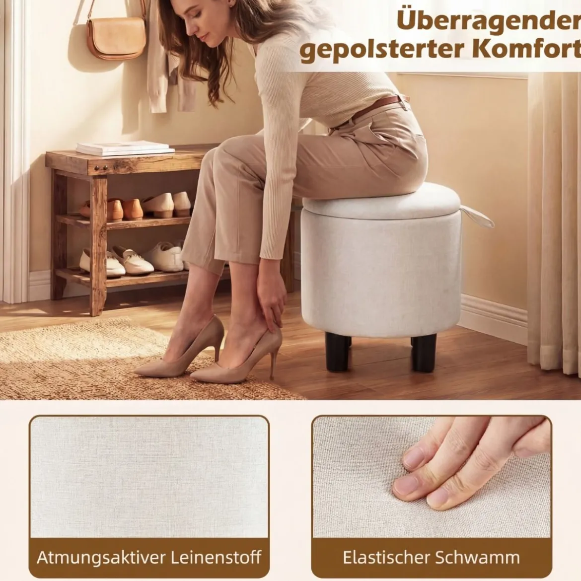 Runder Sitzhocker aus Leinen Ø38 cm gepolsterter Fußhocker mit Stauraum Beige