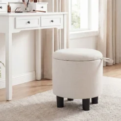 Runder Sitzhocker aus Leinen Ø38 cm gepolsterter Fußhocker mit Stauraum Beige