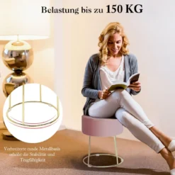Runder Sitzhocker Fußhocker aus Samt mit Metallbeinen Schminkhocker gepolstert bis 150 kg belastbar Rosa/Grau