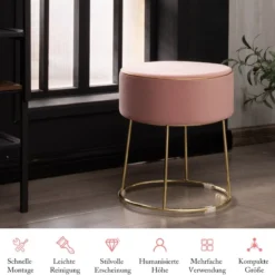 Runder Sitzhocker Fußhocker aus Samt mit Metallbeinen Schminkhocker gepolstert bis 150 kg belastbar Rosa/Grau