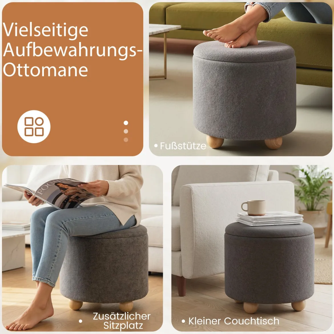 Runder Sitzhocker mit Abnehmbarem Deckel & Holzbeine Polsterhocker Schminkhocker Grau