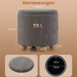 Runder Sitzhocker mit Abnehmbarem Deckel & Holzbeine Polsterhocker Schminkhocker Grau