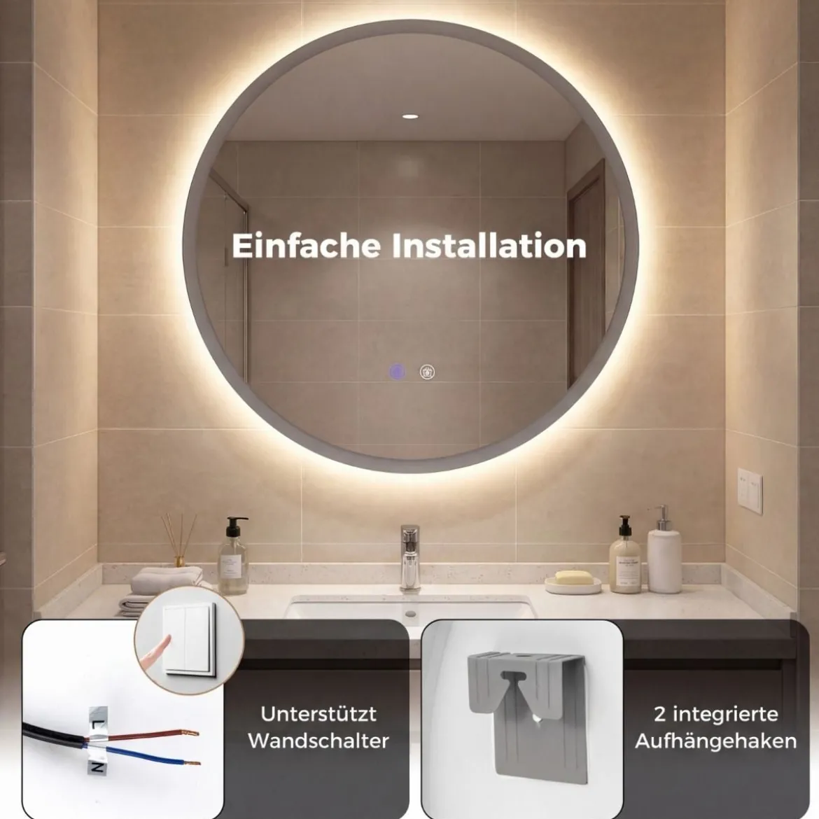 Runder Spiegel mit 3 Lichtfarben & Stufenlose Dimmung & Anti-Beschlag Wandspiegel Ø60 cm