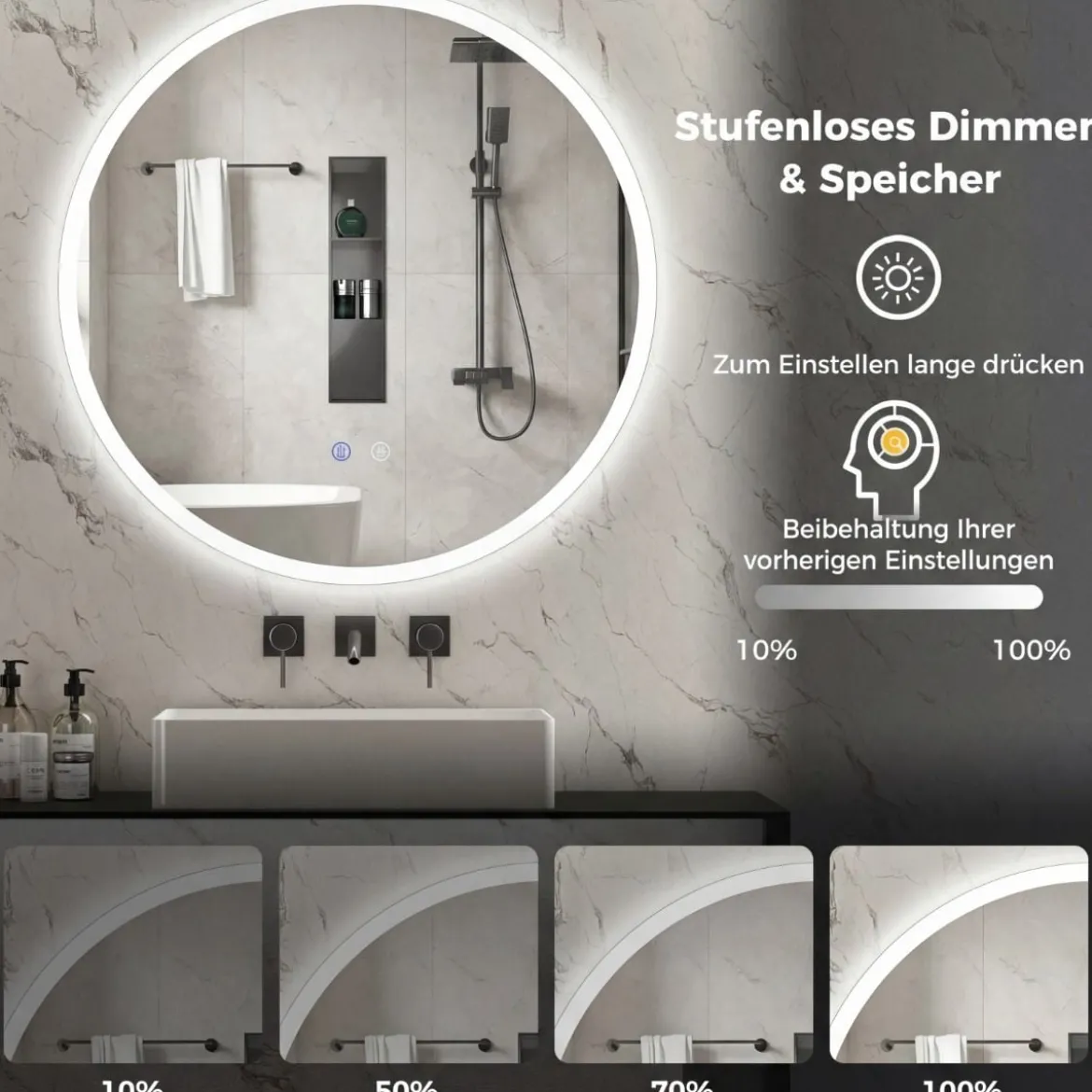 Runder Spiegel mit 3 Lichtfarben & Stufenlose Dimmung & Anti-Beschlag Wandspiegel Ø60 cm