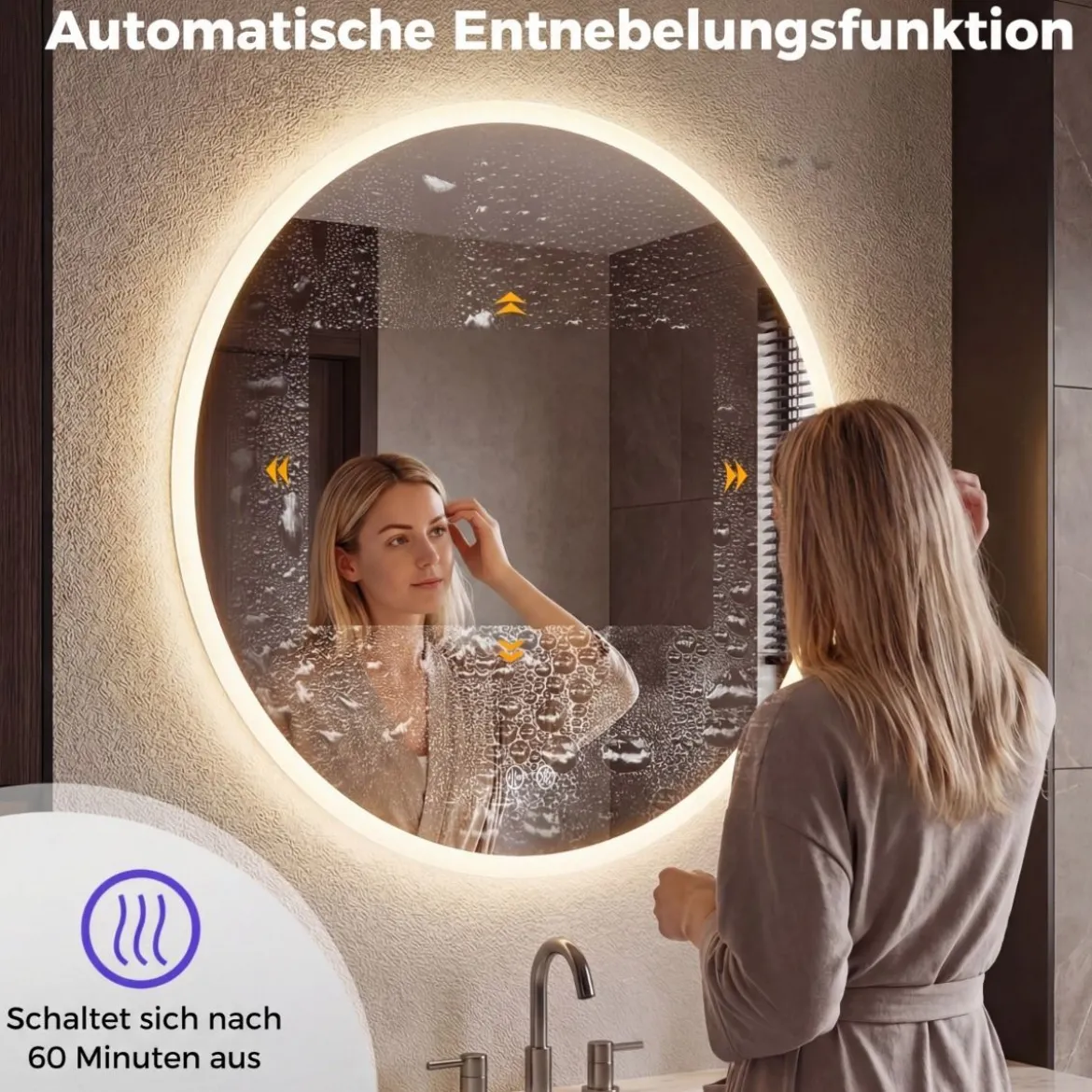 Runder Spiegel mit 3 Lichtfarben & Stufenlose Dimmung & Anti-Beschlag Wandspiegel Ø60 cm