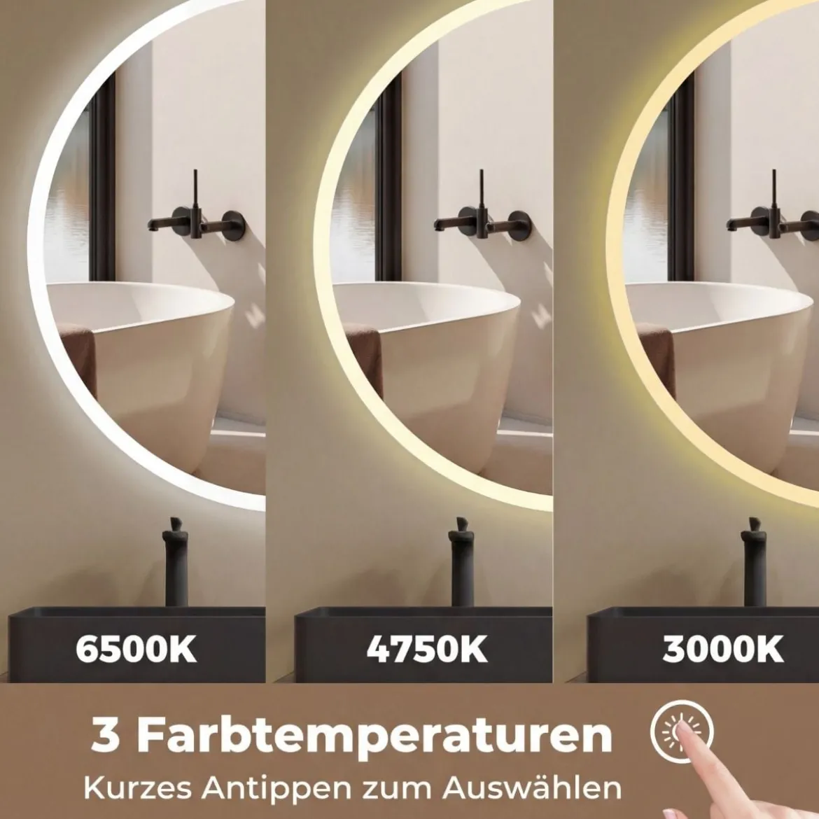 Runder Spiegel mit 3 Lichtfarben & Stufenlose Dimmung & Anti-Beschlag Wandspiegel Ø60 cm