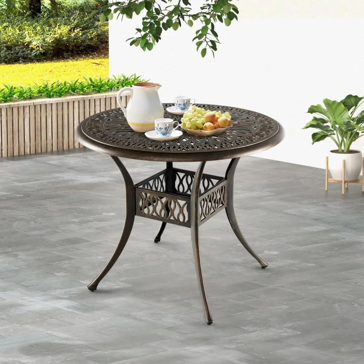 Runder Terrassen-Esstisch Bistrotisch aus Aluminiumguss mit Schirmloch Ø90 x 74 cm Braun