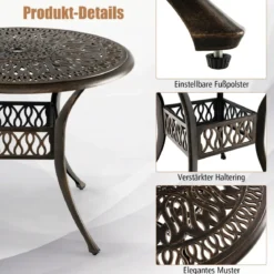 Runder Terrassen-Esstisch Bistrotisch aus Aluminiumguss mit Schirmloch Ø90 x 74 cm Braun