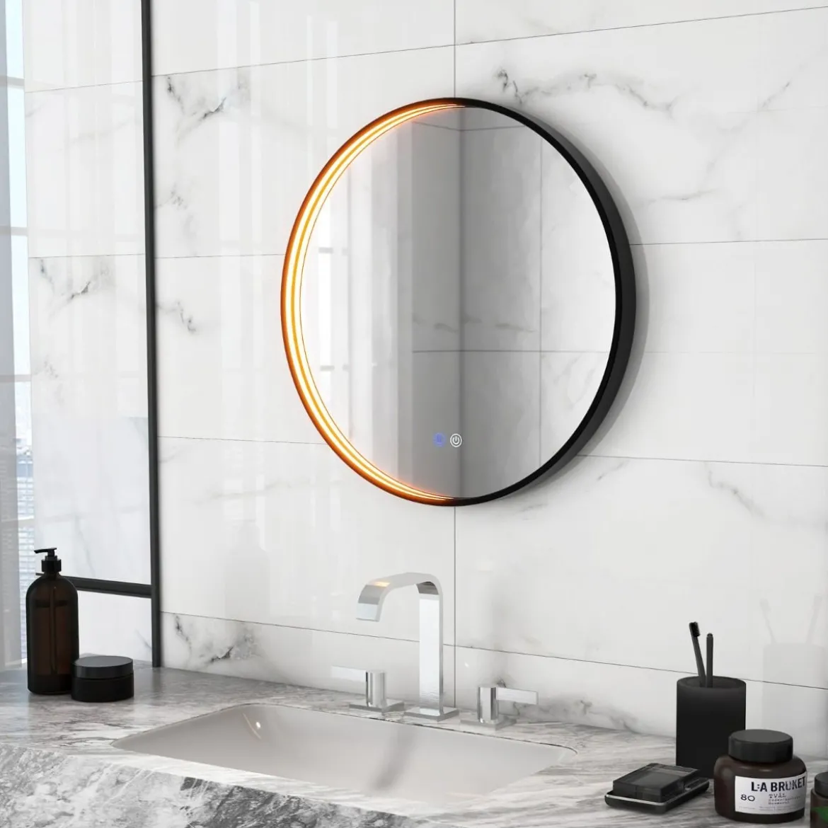 Runder Wandspiegel mit 3 Farben & Speicherfunktion Beschlagfreier Dimmbarer Badezimmerspiegel