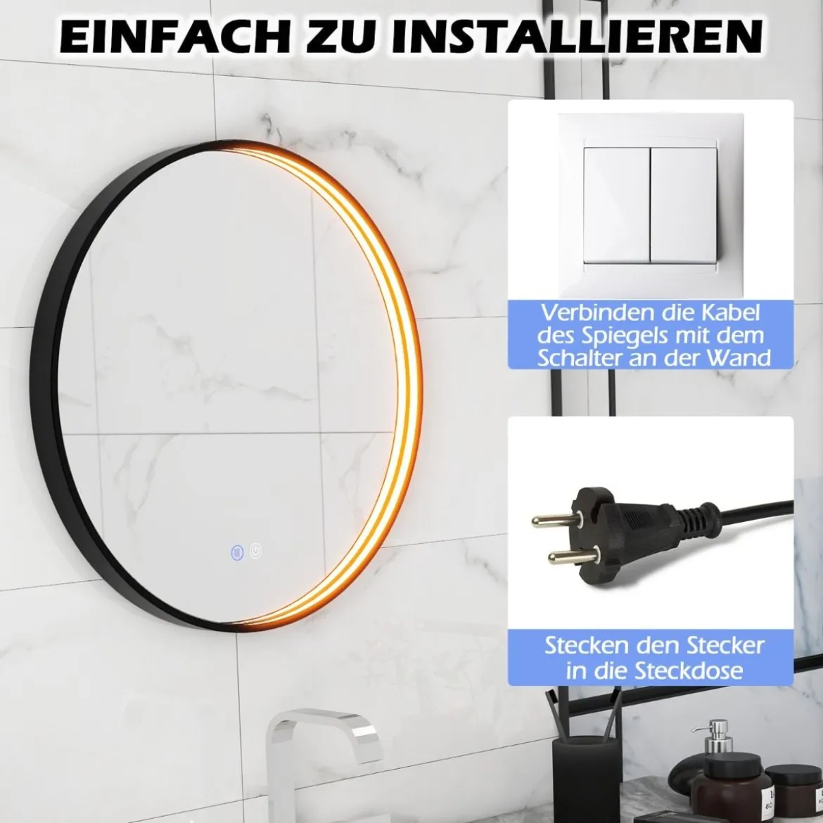 Runder Wandspiegel mit 3 Farben & Speicherfunktion Beschlagfreier Dimmbarer Badezimmerspiegel
