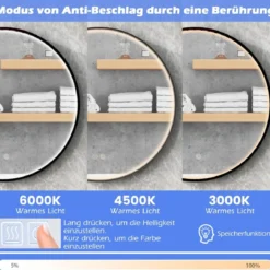 Runder Wandspiegel mit 3 Farben & Speicherfunktion Beschlagfreier Dimmbarer Badezimmerspiegel