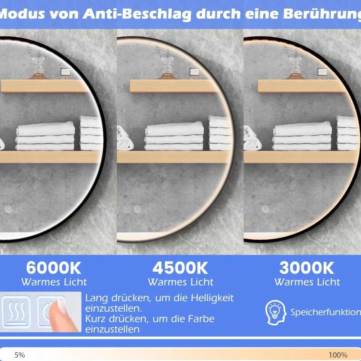 Runder Wandspiegel mit 3 Farben & Speicherfunktion Beschlagfreier Dimmbarer Badezimmerspiegel