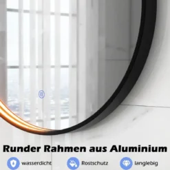 Runder Wandspiegel mit 3 Farben & Speicherfunktion Beschlagfreier Dimmbarer Badezimmerspiegel