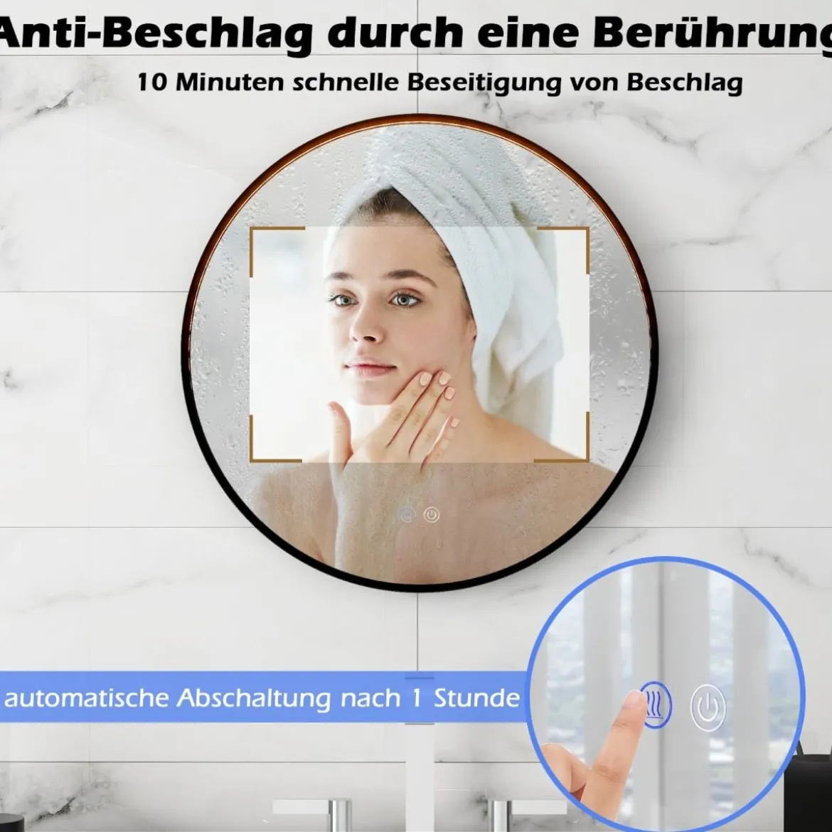 Runder Wandspiegel mit 3 Farben & Speicherfunktion Beschlagfreier Dimmbarer Badezimmerspiegel