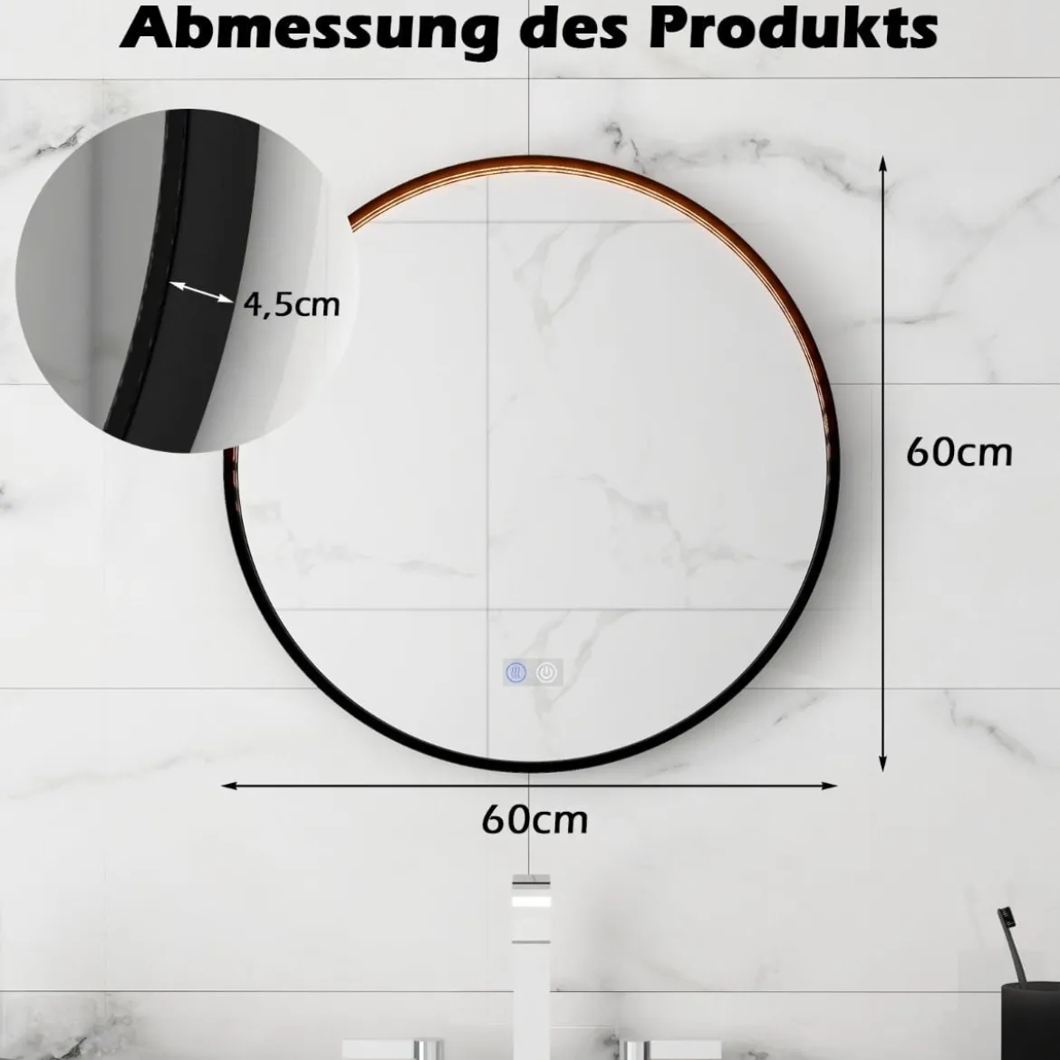 Runder Wandspiegel mit 3 Farben & Speicherfunktion Beschlagfreier Dimmbarer Badezimmerspiegel