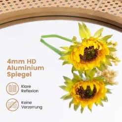 Runder Wandspiegel Rattan ∅ 65 cm dekorativer Spiegel mit Holzrahmen Natur